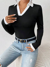 Contrast Color Block Polo Collar Short Sleeve Bodysuit, Slim Fit & Flattering